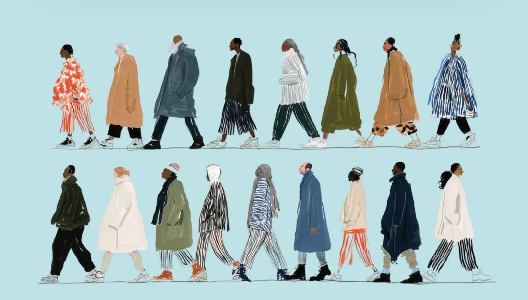 Two rows of people walking